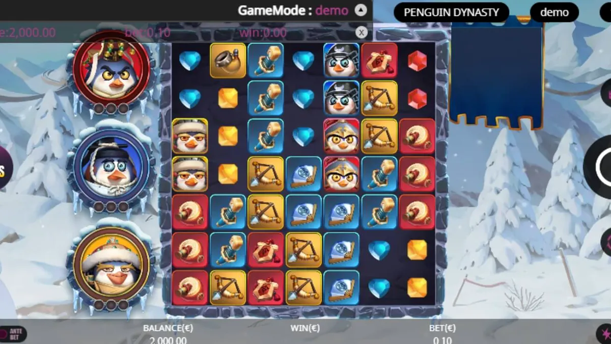 Tampilan visual slot Penguin Dynasty dengan latar belakang istana es dan karakter penguin prajurit.